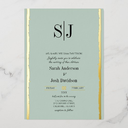 Whimsical Aarde Toon Blauw Goud Monogram Bruiloft Folie Uitnodiging (Voorkant)