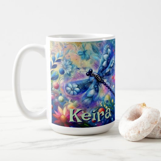 Whimsical Abstract Dragonfly Bloemen gepersonalise Koffiemok (Met donut)