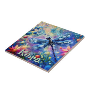 Whimsical Abstract Dragonfly Bloemen gepersonalise Tegeltje