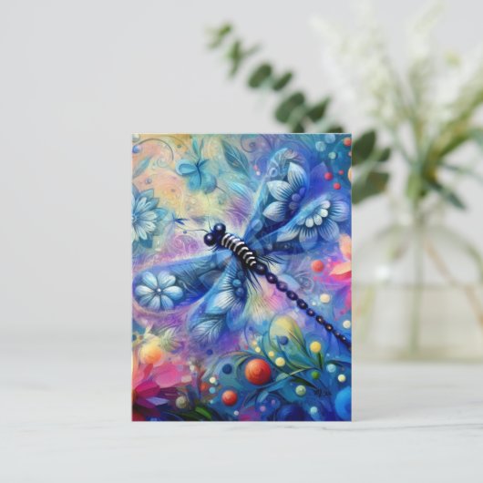 Whimsical Abstract Dragonfly Floral Blauwgroen Bla Briefkaart (Staand voorkant)