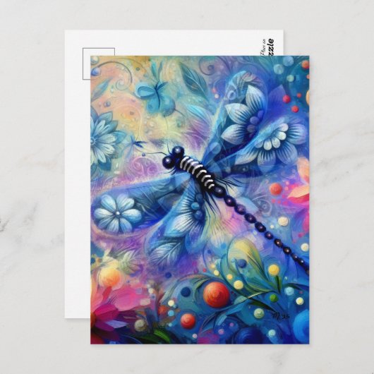 Whimsical Abstract Dragonfly Floral Blauwgroen Bla Briefkaart (Voorkant / Achterkant)