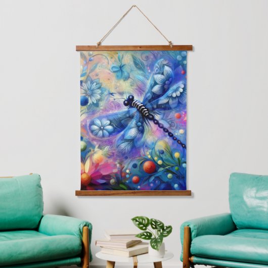Whimsical Abstract Dragonfly Floral Blauwgroen Bla Hangend Wandkleed (Woonkamer)