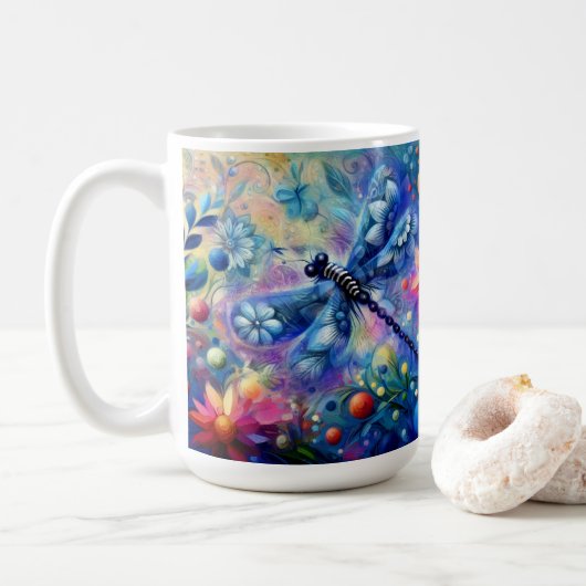 Whimsical Abstract Dragonfly Floral Blauwgroen Bla Koffiemok (Met donut)