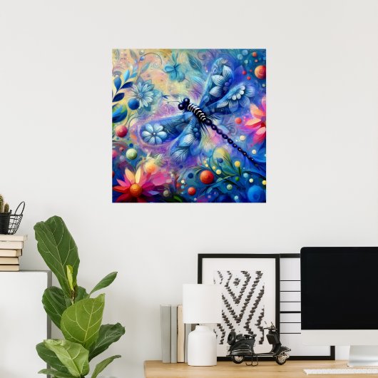 Whimsical Abstract Dragonfly Floral Blauwgroen Bla Poster (Thuiskantoor)