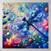 Whimsical Abstract Dragonfly Floral Blauwgroen Bla Poster (Voorkant)