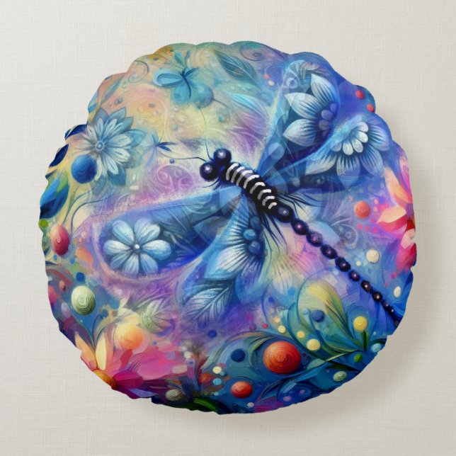 Whimsical Abstract Dragonfly Floral Blauwgroen Bla Rond Kussen (Voorkant)