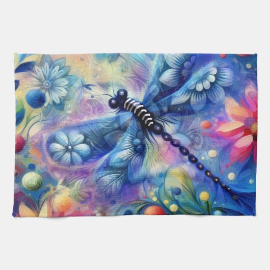 Whimsical Abstract Dragonfly Floral Blauwgroen Bla Theedoek (Horizontaal)