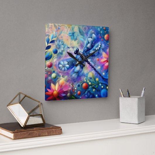 Whimsical Abstract Dragonfly Floral Blauwgroen Bla Vierkante Klok (Kantoor)