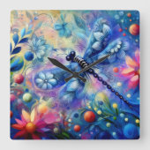 Whimsical Abstract Dragonfly Floral Blauwgroen Bla Vierkante Klok (Voorkant)