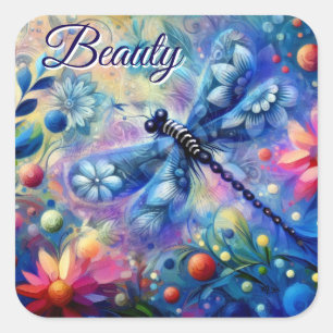 Whimsical Abstract Dragonfly Floral Blauwgroen Bla Vierkante Sticker