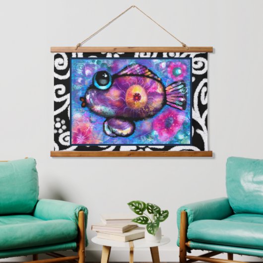 Whimsical Abstract Fish Beach Nautisch Blauwgroen  Hangend Wandkleed (Woonkamer)