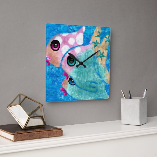 Whimsical Abstract Fish Beach Nautisch Blauwgroen Vierkante Klok (Kantoor)