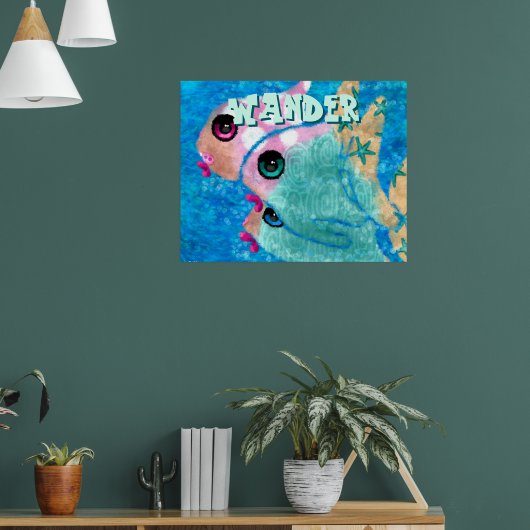 Whimsical Abstract Fish Trio Blue Personalized Poster (Woonkamer 1)