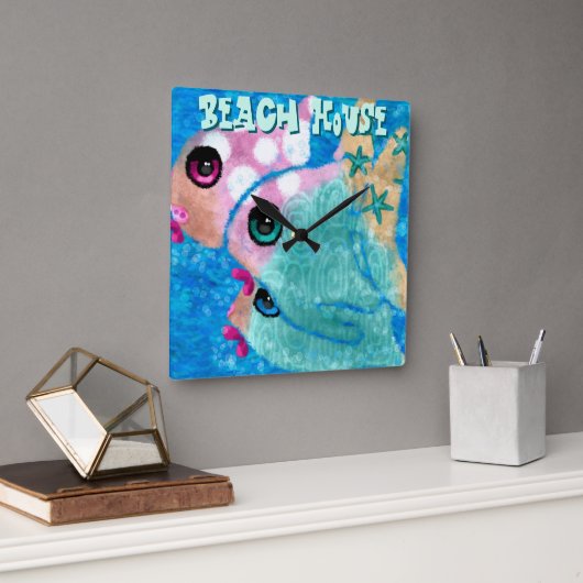 Whimsical Abstract Fish Trio Blue Personalized Vierkante Klok (Kantoor)