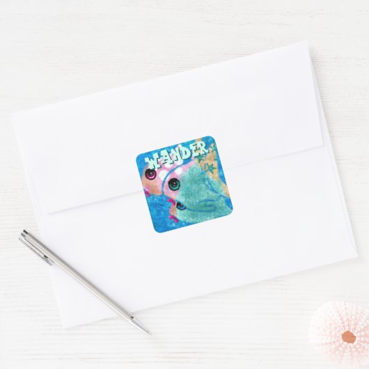 Whimsical Abstract Fish Trio Blue Personalized Vierkante Sticker (Envelop)