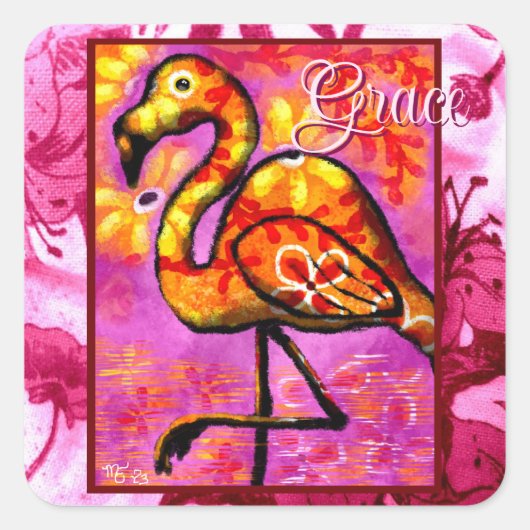 Whimsical Abstract Flamingo Floral Sinaasappel Gee Vierkante Sticker (Voorkant)