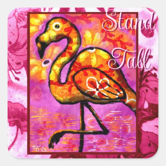 Whimsical Abstract Flamingo Floral Sinaasappel Gee Vierkante Sticker (Voorkant)