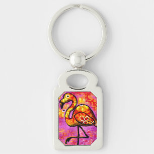 Whimsical Abstract Flamingo Roze Oranje Bloemmotie Sleutelhanger