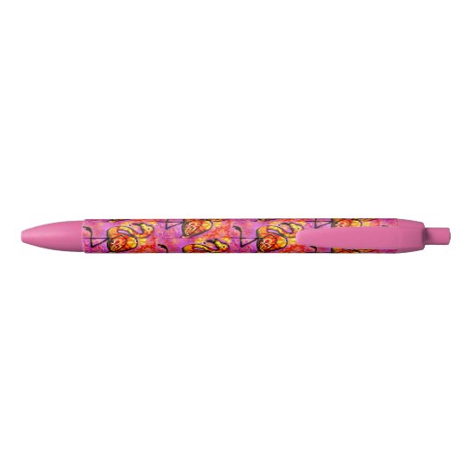 Whimsical Abstract Flamingo Roze Sinaasappel Zwarte Inkt Pen (Achterkant)