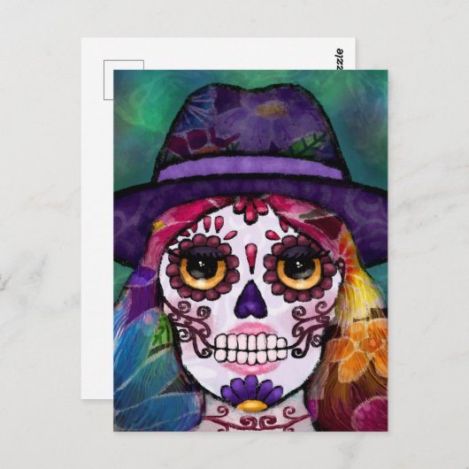 Whimsical Abstract Floral Hippie Sugar Skull Briefkaart (Voorkant / Achterkant)