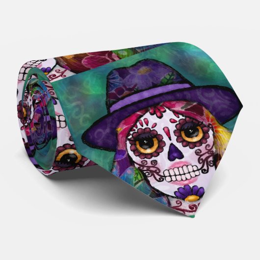 Whimsical Abstract Floral Hippie Sugar Skull Stropdas (Opgerold)
