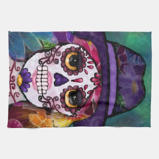 Whimsical Abstract Floral Hippie Sugar Skull Theedoek (Horizontaal)