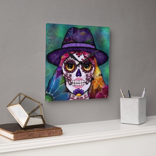 Whimsical Abstract Floral Hippie Sugar Skull Vierkante Klok (Kantoor)