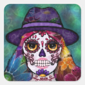 Whimsical Abstract Floral Hippie Sugar Skull Vierkante Sticker (Voorkant)