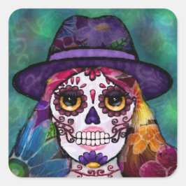 Whimsical Abstract Floral Hippie Sugar Skull Vierkante Sticker