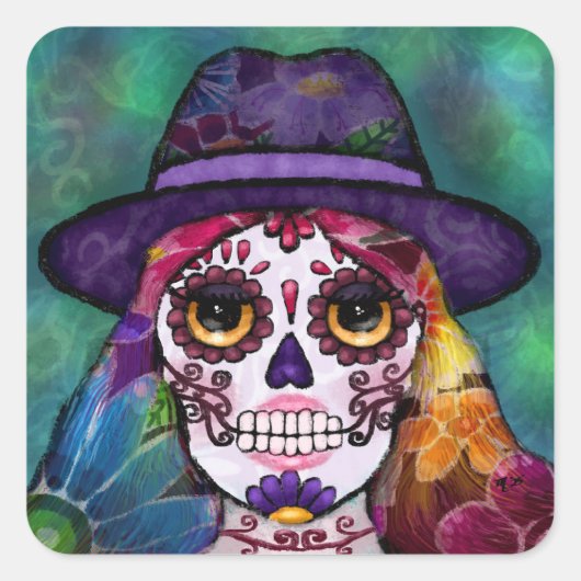 Whimsical Abstract Floral Hippie Sugar Skull Vierkante Sticker (Voorkant)