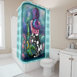Whimsical Abstract Mermaid Nautical Teal Seashells Douchegordijn