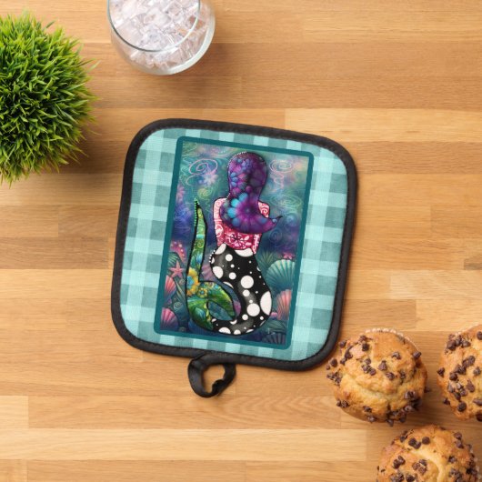 Whimsical Abstract Mermaid Nautical Teal Seashells Pannenlap (Top down)