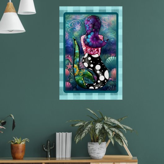 Whimsical Abstract Mermaid Nautical Teal Seashells Poster (Woonkamer 1)
