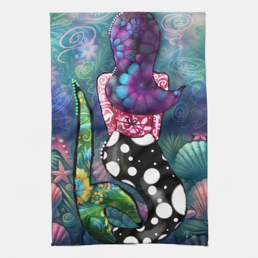 Whimsical Abstract Mermaid Nautical Teal Seashells Theedoek (Verticaal)