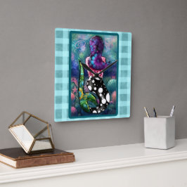 Whimsical Abstract Mermaid Nautical Teal Seashells Vierkante Klok
