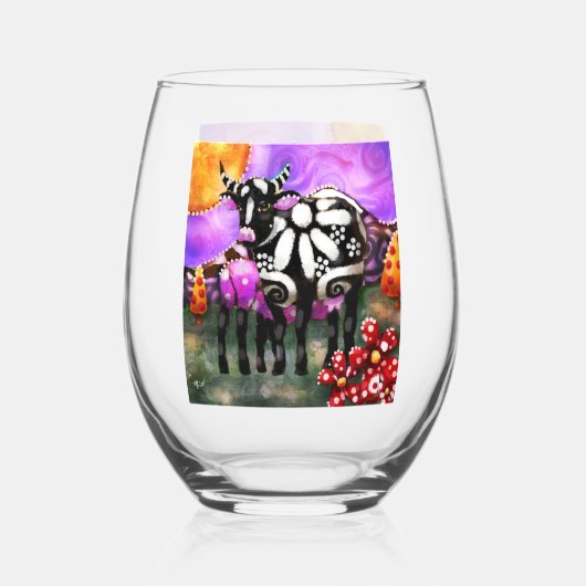 Whimsical Abstract Momma & Baby Cow Funky Farm Wijnglas Zonder Voet (Voorkant)