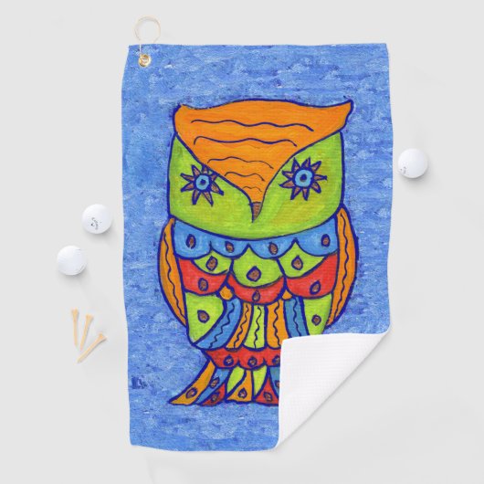 Whimsical Abstract Owl Green Face Star Eyes Blue Golfhanddoek (Insitu)