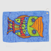 Whimsical Abstract Owl Green Face Star Eyes Blue Golfhanddoek (Horizontaal)