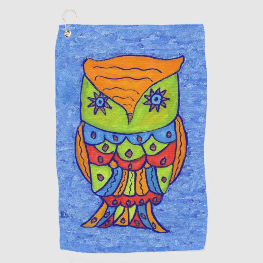 Whimsical Abstract Owl Green Face Star Eyes Blue Golfhanddoek (Voorkant)