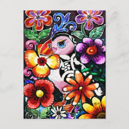 Whimsical Abstract Puffin Bird in Flowers Briefkaart (Voorkant)