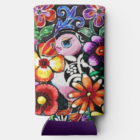 Whimsical Abstract Puffin Bird In Flowers Seltzer Blikjeskoeler (Achterkant)