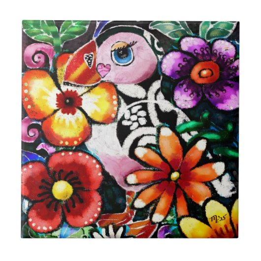 Whimsical Abstract Puffin Bird In Flowers Tegeltje (Voorkant)