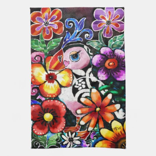 Whimsical Abstract Puffin Bird In Flowers Theedoek (Verticaal)