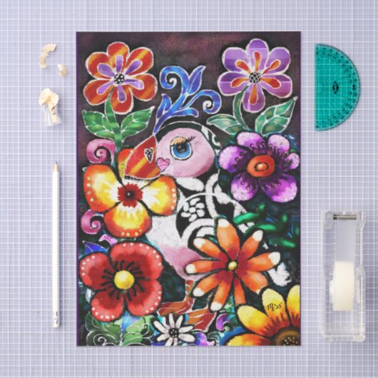Whimsical Abstract Puffin Bird In Flowers Tissuepapier (Craft)