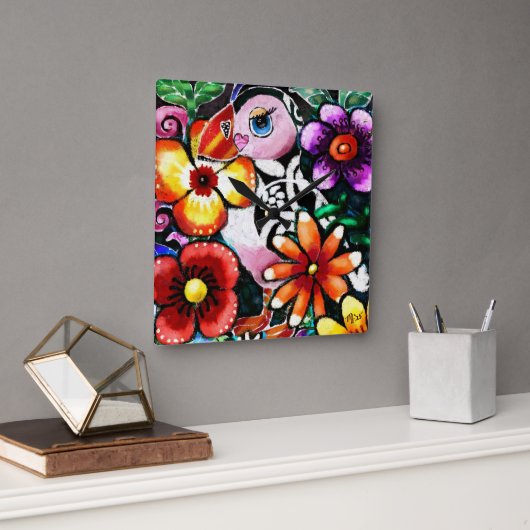 Whimsical Abstract Puffin Bird In Flowers Vierkante Klok (Kantoor)
