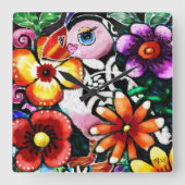 Whimsical Abstract Puffin Bird In Flowers Vierkante Klok (Voorkant)
