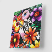 Whimsical Abstract Puffin Bird In Flowers Vierkante Klok (Hoek)
