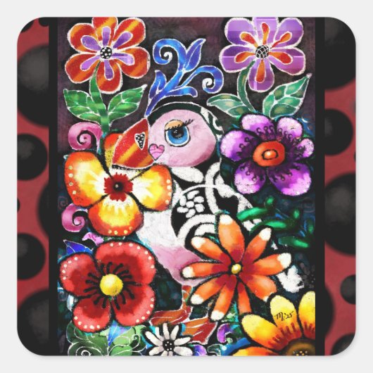 Whimsical Abstract Puffin Bird in Flowers Vierkante Sticker (Voorkant)