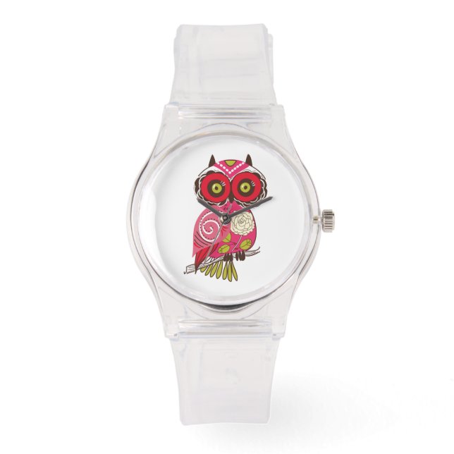 Whimsical Abstract Retro Pattern Deep Pink Owl Horloge (Voorkant)