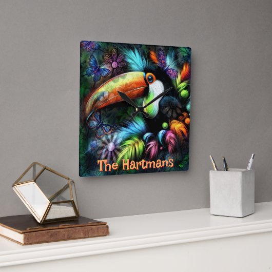 Whimsical Abstract Toucan Bird Personalized Vierkante Klok (Kantoor)